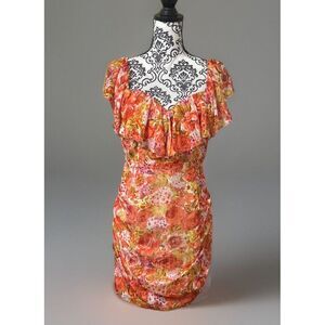 Runaway ✨USA 8 Red Orange Satin Crepe Floral Stripe Mini Party Cocktail